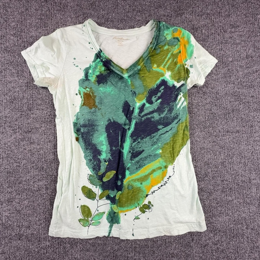 Y2K Eddie Bauer T-Shirt Womens Medium Green Leaf Graphic V Neck Jersey Nature